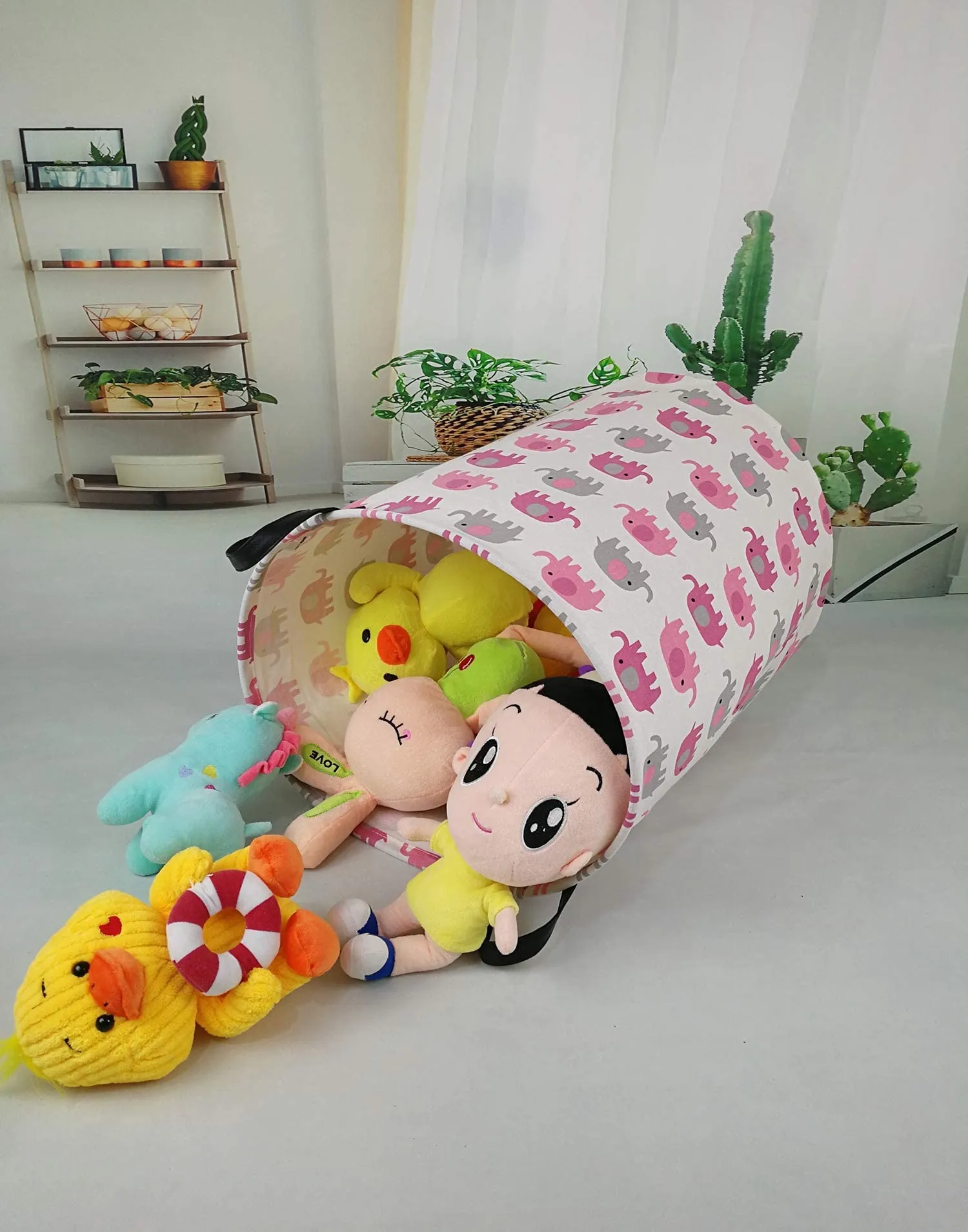 19.7 Laundry Hamper Toys Box Storage Bins Canvas Waterproof Collapsible Clothes Organizer Basket with Handle Freestanding Large Cute Light Weight for Home Kids Baby Room(elephant) pink grey elephant