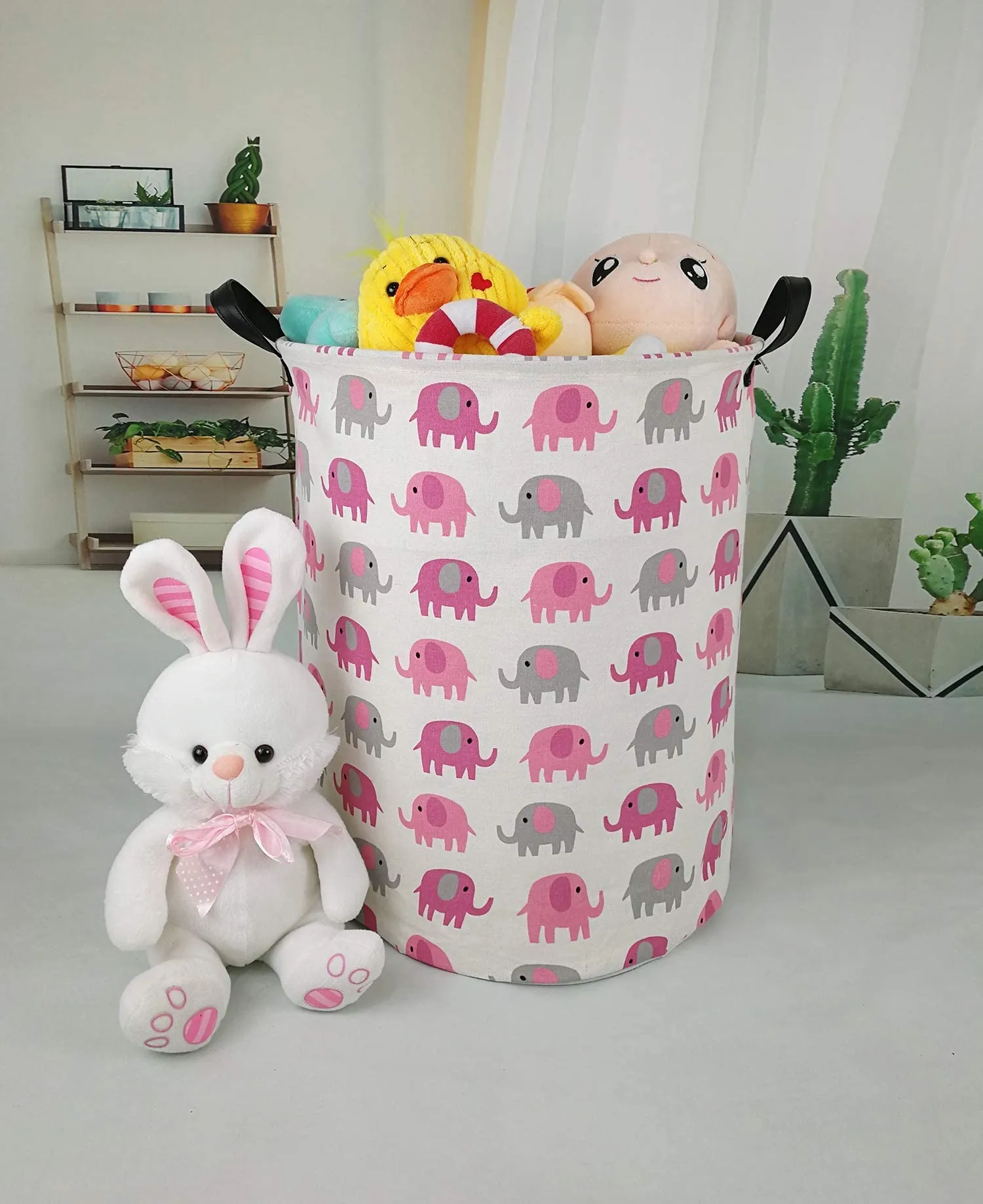 19.7 Laundry Hamper Toys Box Storage Bins Canvas Waterproof Collapsible Clothes Organizer Basket with Handle Freestanding Large Cute Light Weight for Home Kids Baby Room(elephant) pink grey elephant