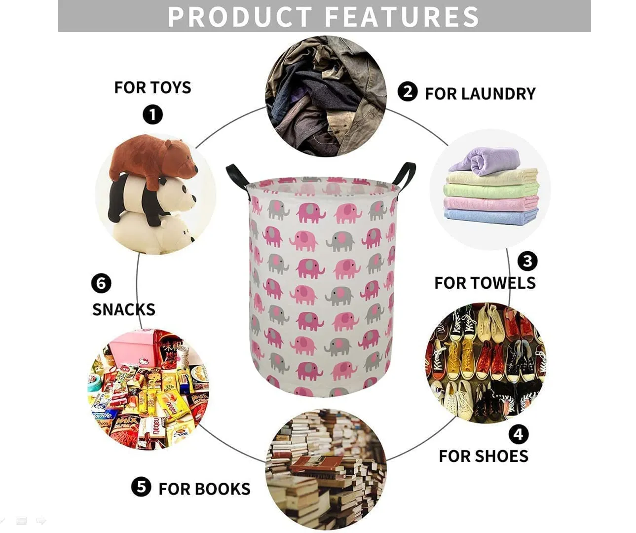 19.7 Laundry Hamper Toys Box Storage Bins Canvas Waterproof Collapsible Clothes Organizer Basket with Handle Freestanding Large Cute Light Weight for Home Kids Baby Room(elephant) pink grey elephant
