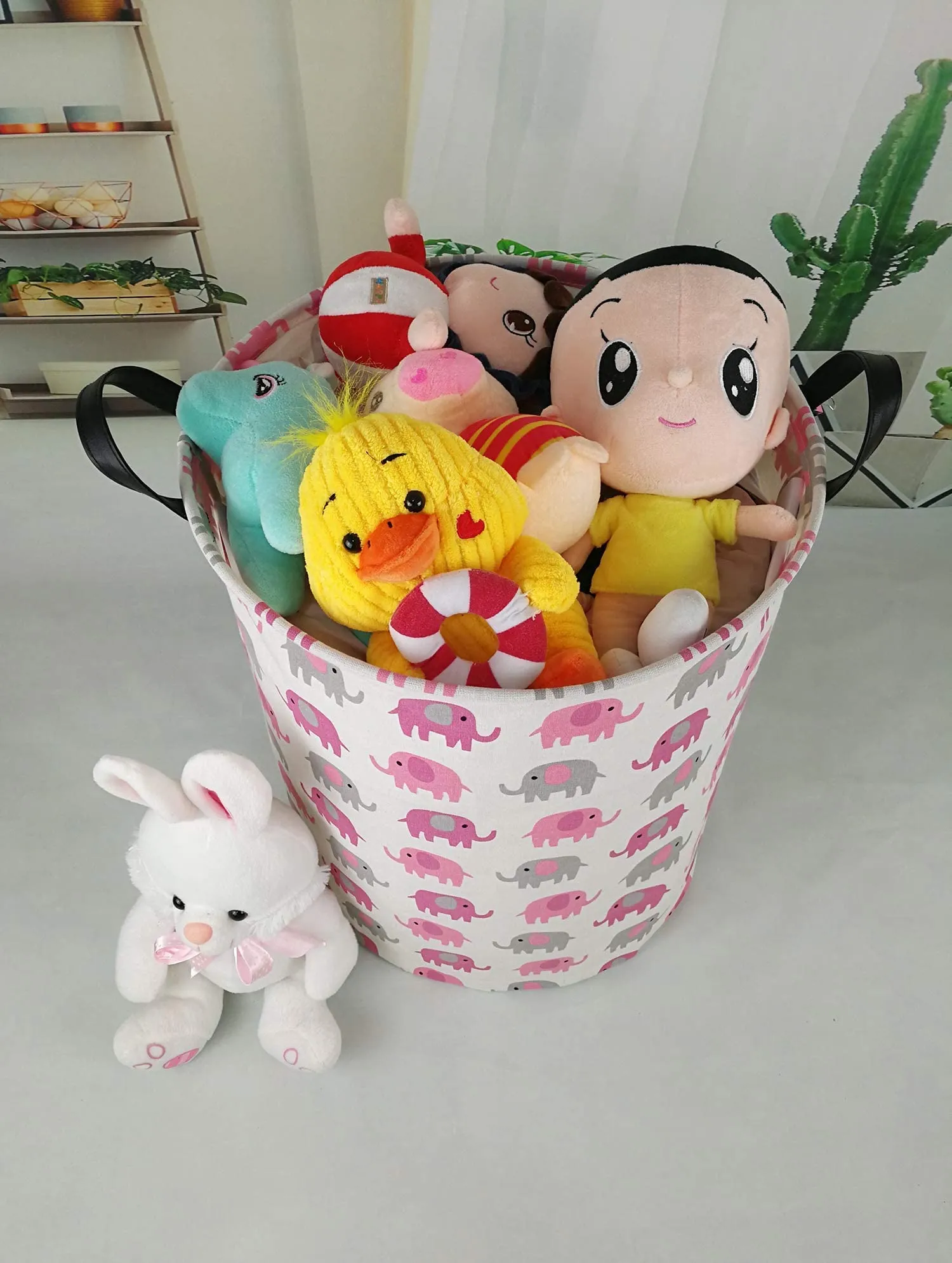 19.7 Laundry Hamper Toys Box Storage Bins Canvas Waterproof Collapsible Clothes Organizer Basket with Handle Freestanding Large Cute Light Weight for Home Kids Baby Room(elephant) pink grey elephant