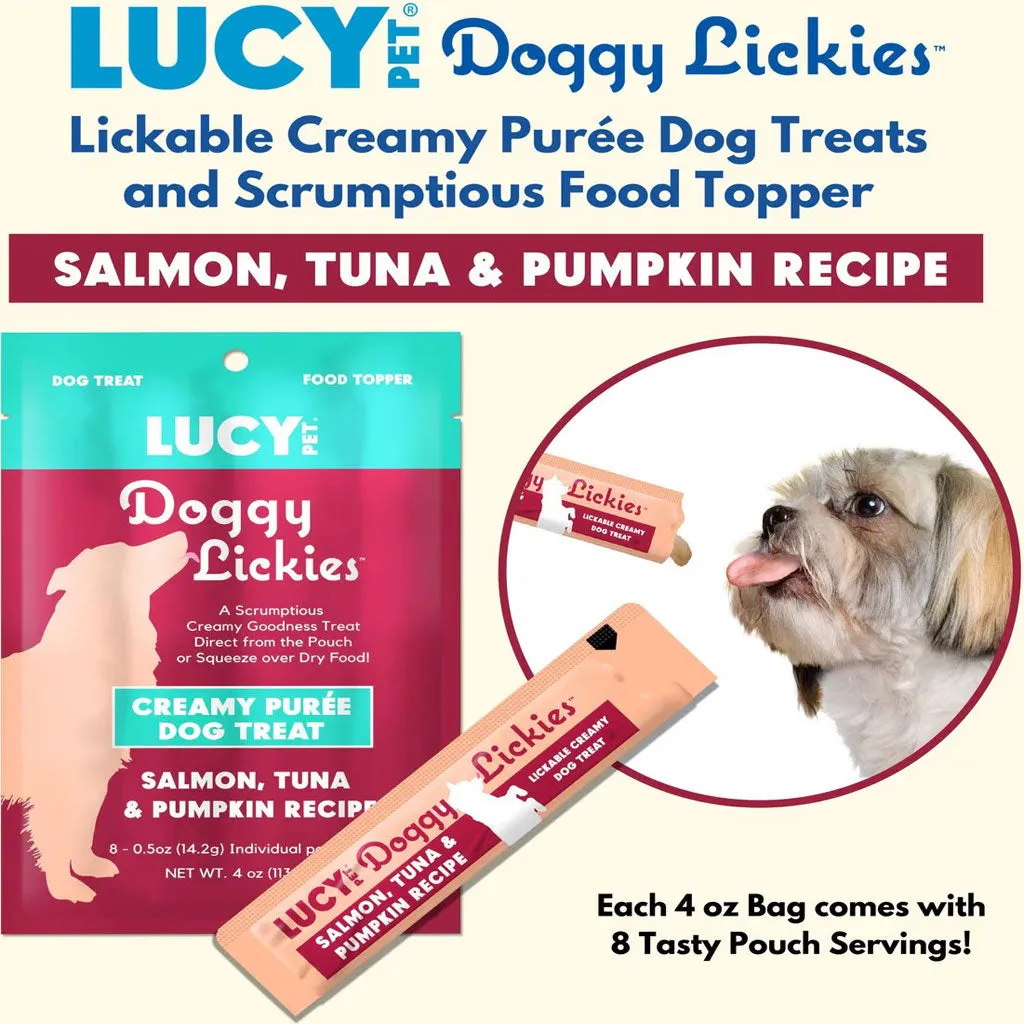 Lucy Pet Products Doggy Lickies Creamy Puree Dog Treat Salmon, Tuna  Pumpkin, 4-oz