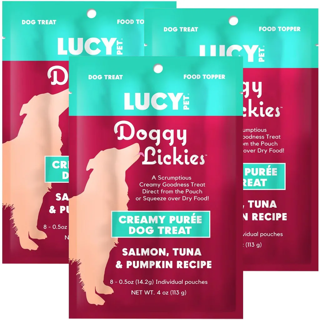 Lucy Pet Products Doggy Lickies Creamy Puree Dog Treat Salmon, Tuna  Pumpkin, 4-oz
