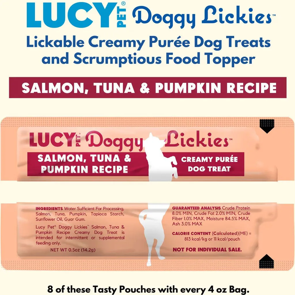 Lucy Pet Products Doggy Lickies Creamy Puree Dog Treat Salmon, Tuna  Pumpkin, 4-oz