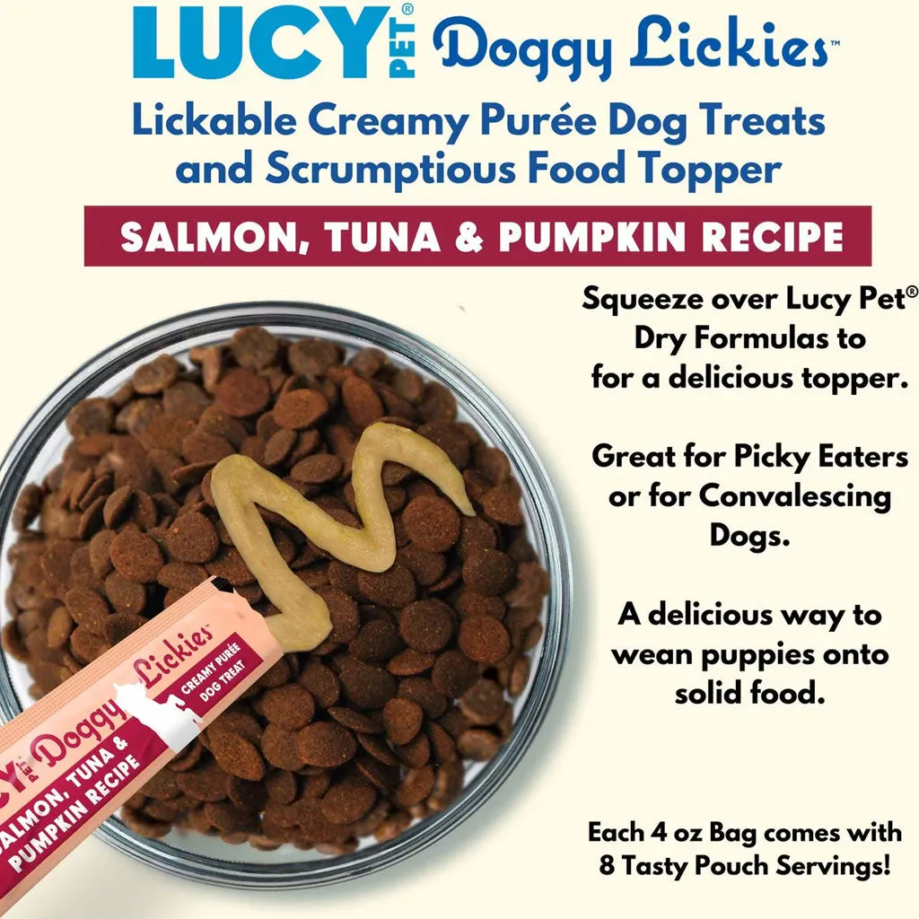 Lucy Pet Products Doggy Lickies Creamy Puree Dog Treat Salmon, Tuna  Pumpkin, 4-oz