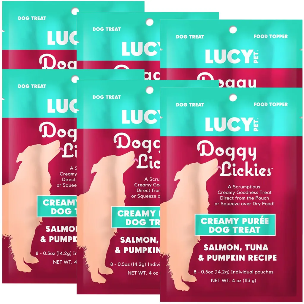 Lucy Pet Products Doggy Lickies Creamy Puree Dog Treat Salmon, Tuna  Pumpkin, 4-oz