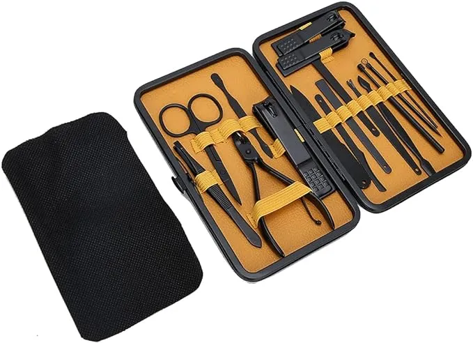 Nail Tool Set, 16pcs Portable Nail Clippers Professional Pedicure Tools Set Stainless Steel Manicure Set Manicure Scissors Grooming Tool Kit(Yellow)