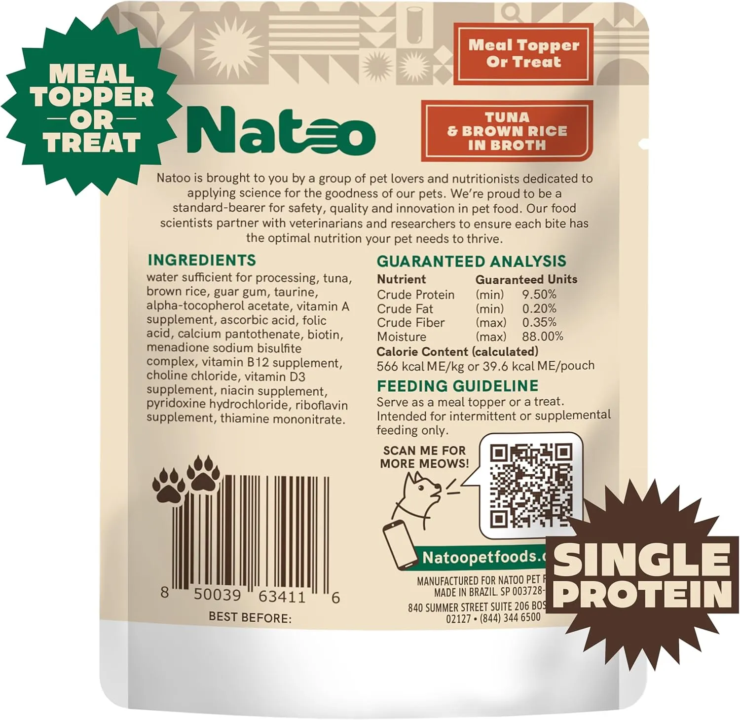 Natoo Meal Topper or Treat Tuna & Brown Rice in Broth Cat Food