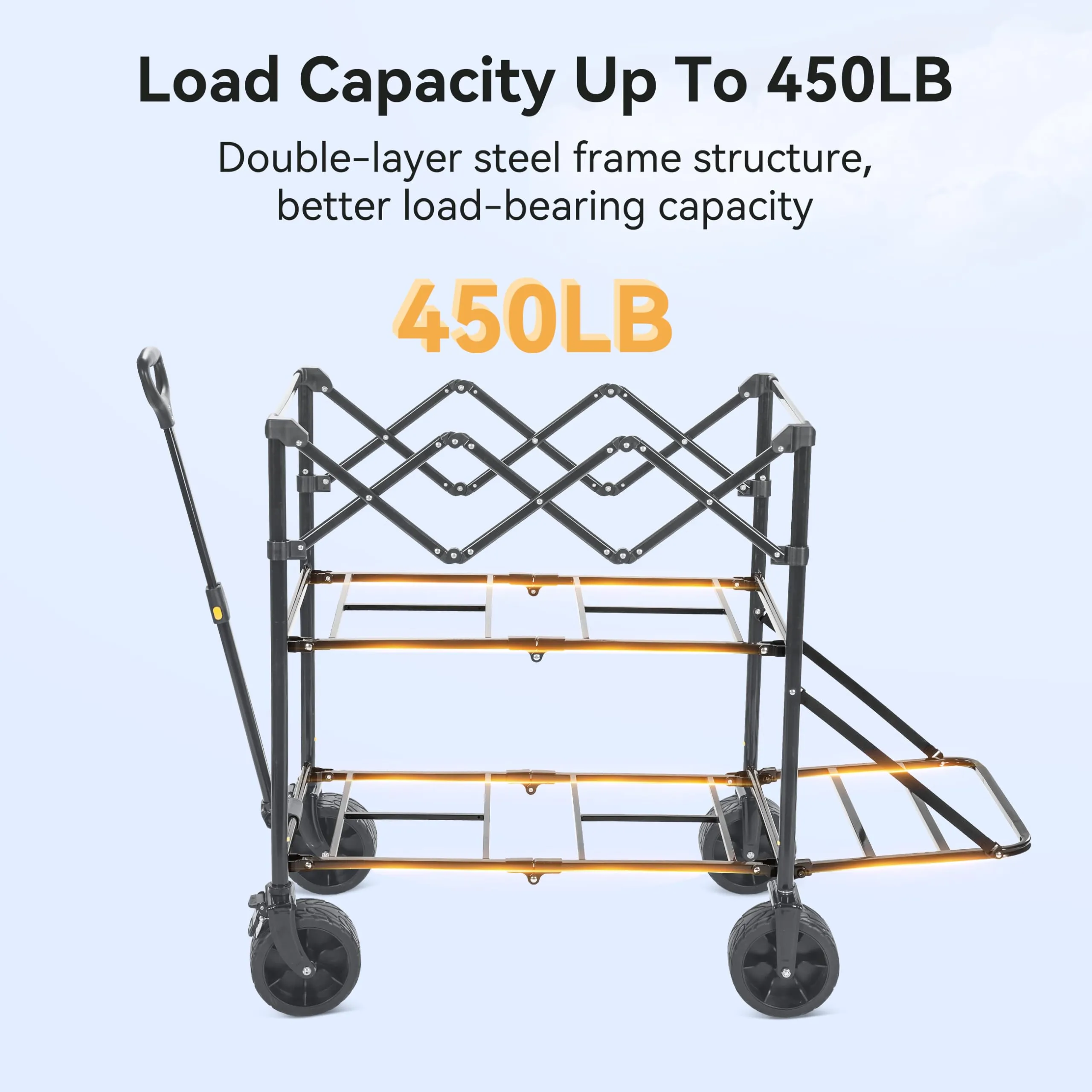 Vibemo Wagon Cart, 400L Foldable Double Decker Wagon, 450lbs Heavy Duty Garden Cart, 47'' Extra-Long Extender, Large Capacity, All Terrain Big Wheels Collapsible Wagon for Camping, Sports, Shopping