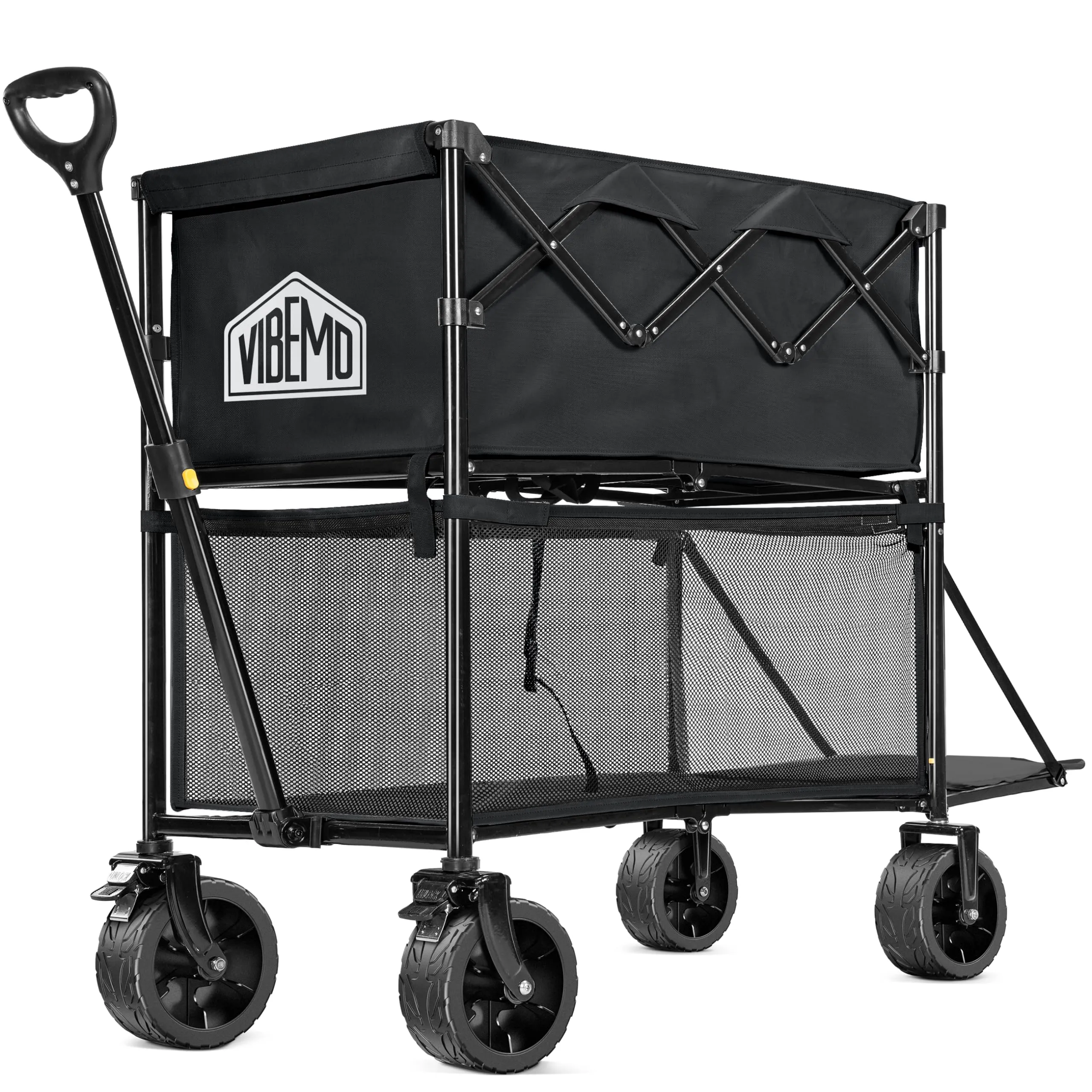 Vibemo Wagon Cart, 400L Foldable Double Decker Wagon, 450lbs Heavy Duty Garden Cart, 47'' Extra-Long Extender, Large Capacity, All Terrain Big Wheels Collapsible Wagon for Camping, Sports, Shopping