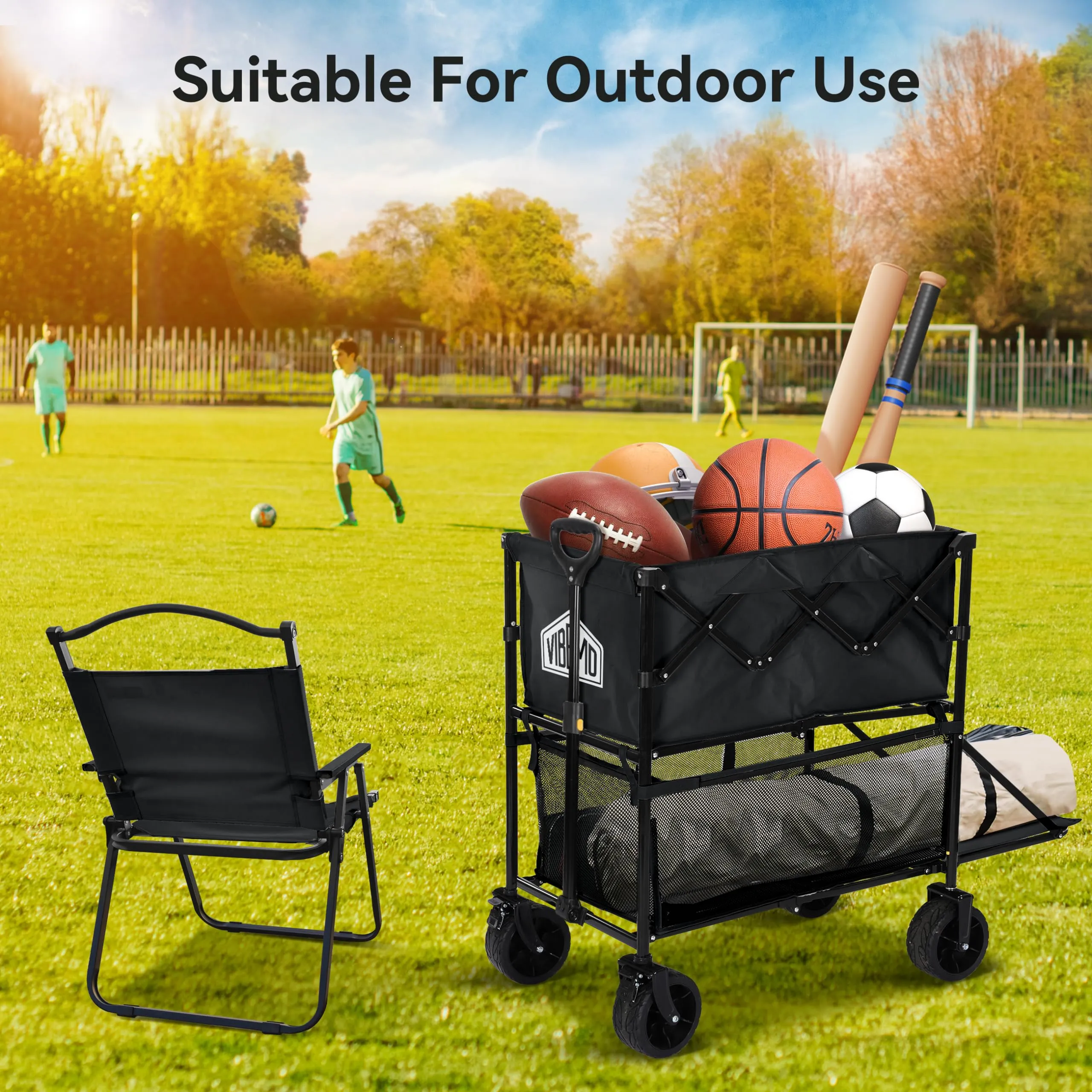Vibemo Wagon Cart, 400L Foldable Double Decker Wagon, 450lbs Heavy Duty Garden Cart, 47'' Extra-Long Extender, Large Capacity, All Terrain Big Wheels Collapsible Wagon for Camping, Sports, Shopping